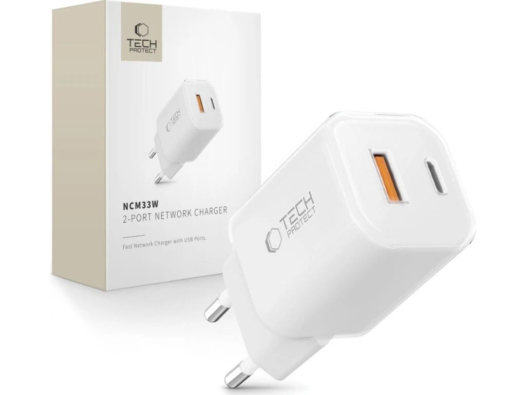 Nettlader Tech-Protect NCM33W, 33W, 3A, 1 x USB-A - 1 x USB-C, Hvit