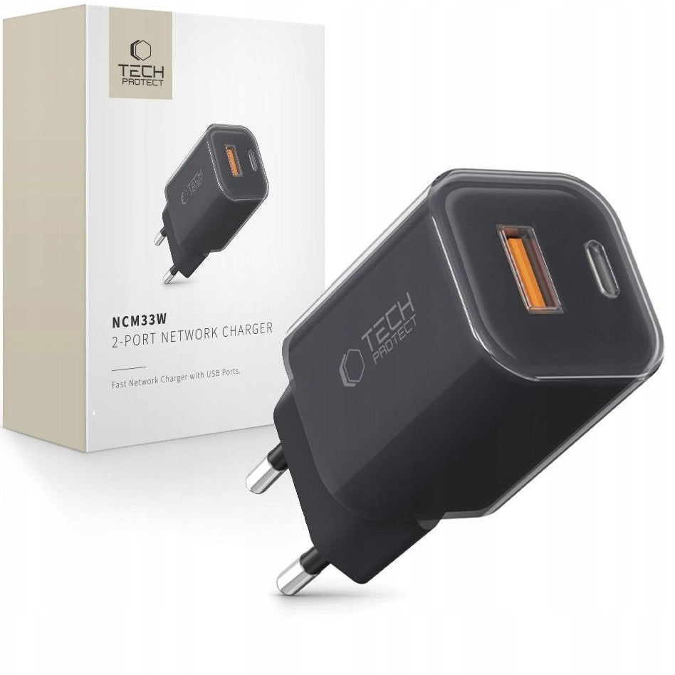 Nettlader Tech-Protect NCM33W, 33W, 3A, 1 x USB-A - 1 x USB-C, Svart