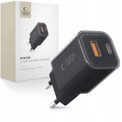 Nettlader Tech-Protect NCM33W, 33W, 3A, 1 x USB-A - 1 x USB-C, Svart