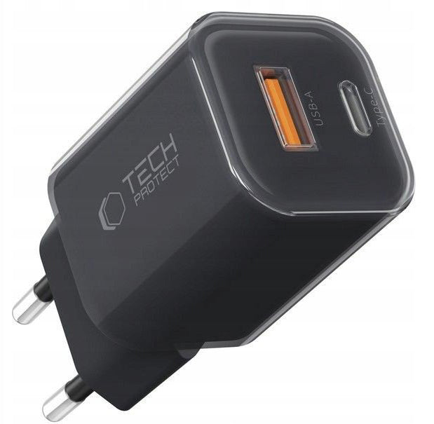 Nettlader Tech-Protect NCM33W, 33W, 3A, 1 x USB-A - 1 x USB-C, Svart