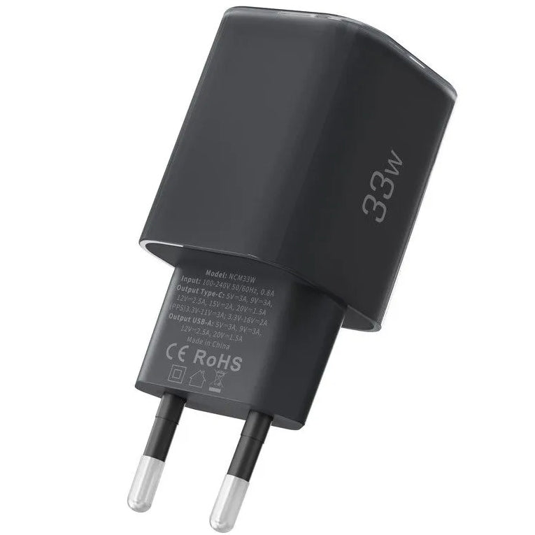 Nettlader Tech-Protect NCM33W, 33W, 3A, 1 x USB-A - 1 x USB-C, Svart
