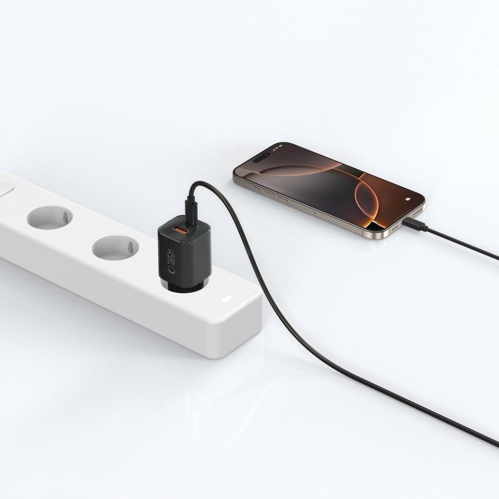 Nettlader Tech-Protect NCM33W, 33W, 3A, 1 x USB-A - 1 x USB-C, Svart
