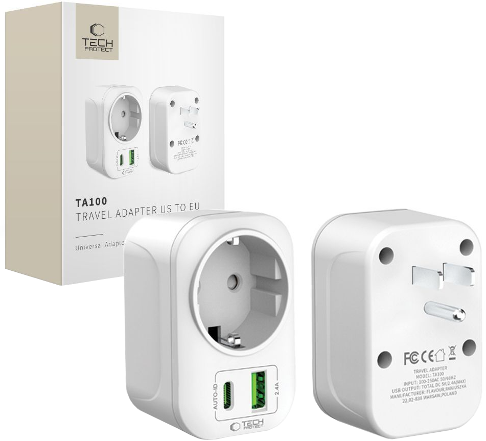 Tech-Protect TA100 Travel US nettverkslader, 20W, 3A, 1 x Schuko - 1 x USB-A - 1 x USB-C, Hvit