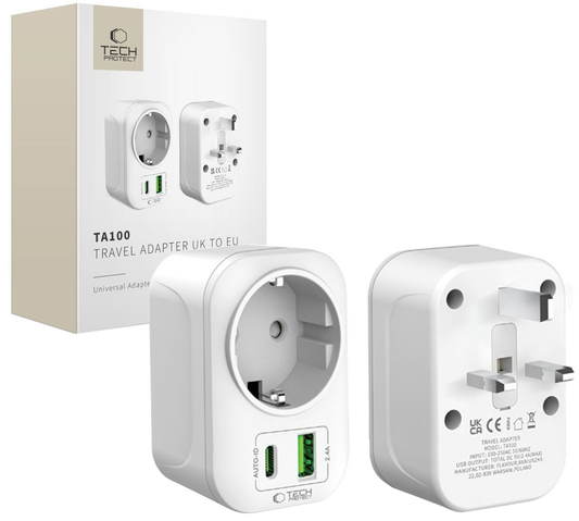 Nettlader Tech-Protect TA100 Travel UK, 20W, 3A, 1 x Schuko - 1 x USB-A - 1 x USB-C, Hvit