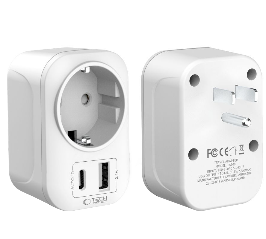 Tech-Protect TA100 Travel US nettverkslader, 20W, 3A, 1 x Schuko - 1 x USB-A - 1 x USB-C, Hvit