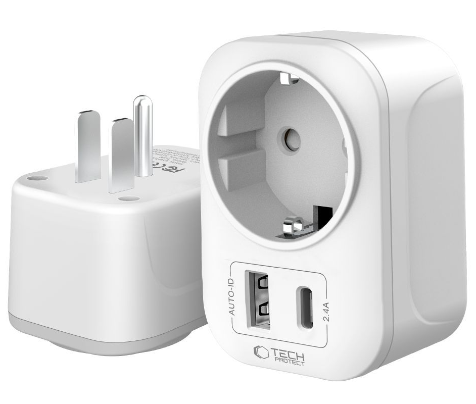 Tech-Protect TA100 Travel US nettverkslader, 20W, 3A, 1 x Schuko - 1 x USB-A - 1 x USB-C, Hvit