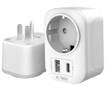 Tech-Protect TA100 Travel US nettverkslader, 20W, 3A, 1 x Schuko - 1 x USB-A - 1 x USB-C, Hvit