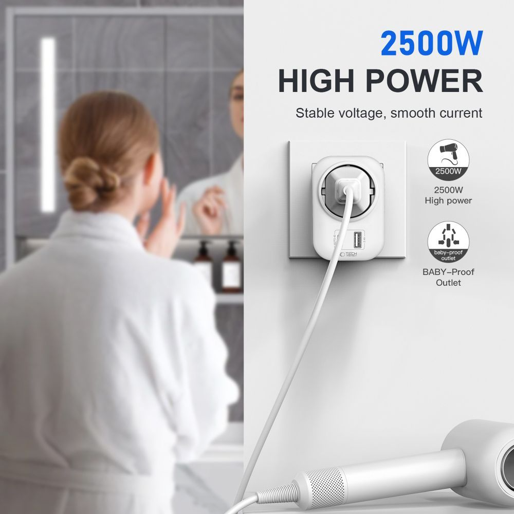 Tech-Protect TA100 Travel US nettverkslader, 20W, 3A, 1 x Schuko - 1 x USB-A - 1 x USB-C, Hvit