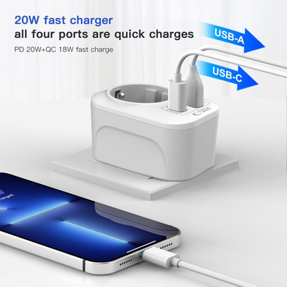 Tech-Protect TA100 Travel US nettverkslader, 20W, 3A, 1 x Schuko - 1 x USB-A - 1 x USB-C, Hvit