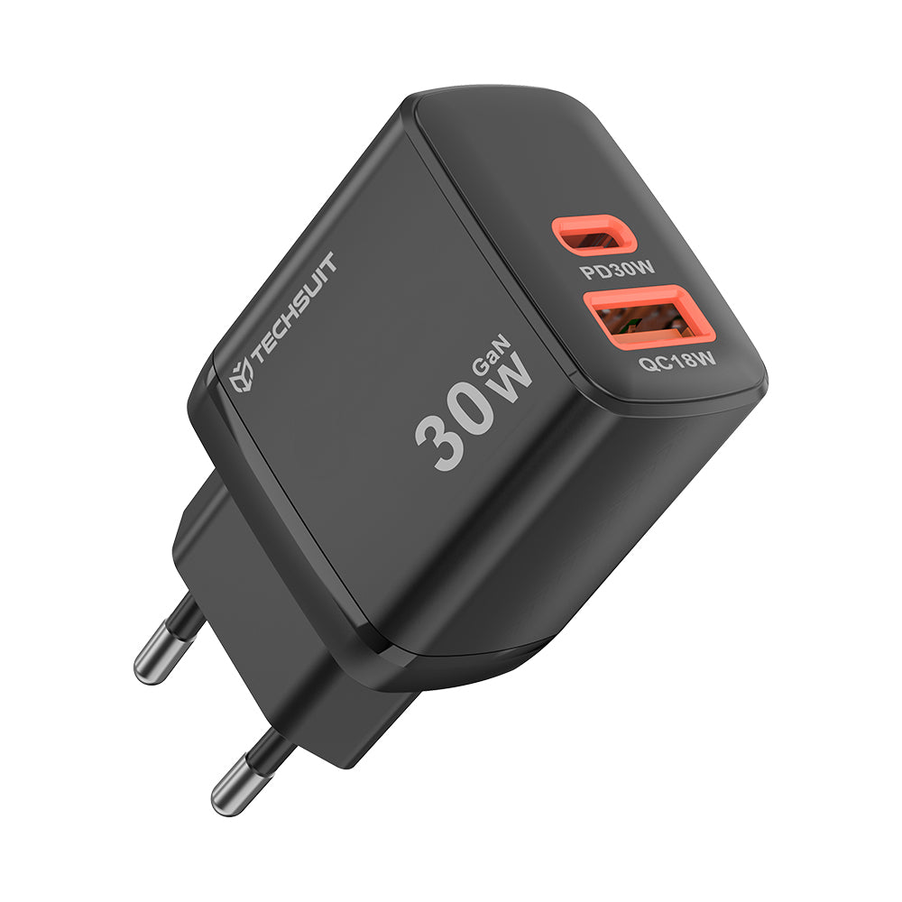 Nettlader Techsuit CH1 Duonix, 30W, 3A, 1 x USB-A - 1 x USB-C, Svart