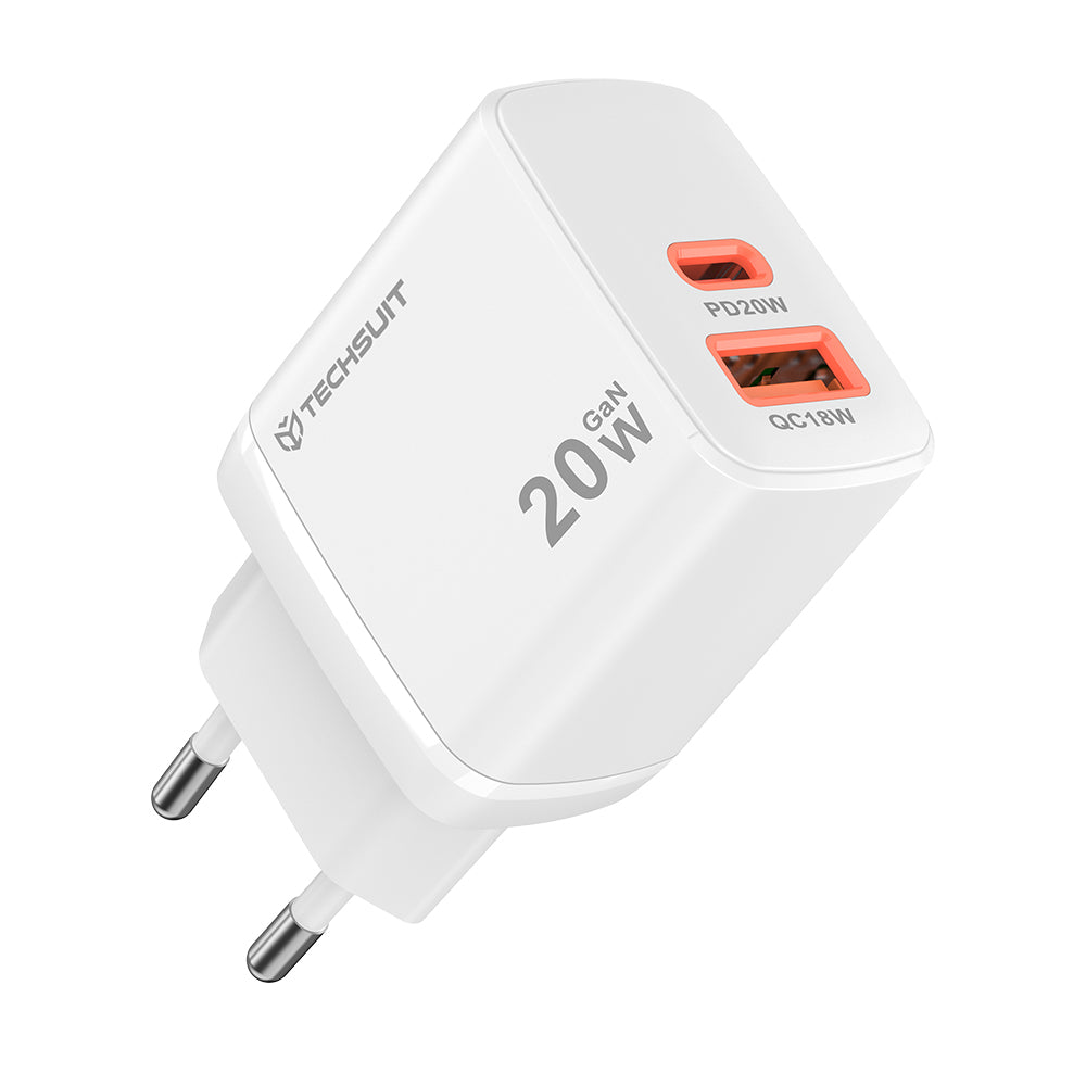 Techsuit CH2 Duonix nettverkslader, 20W, 3A, 1 x USB-A - 1 x USB-C, Hvit
