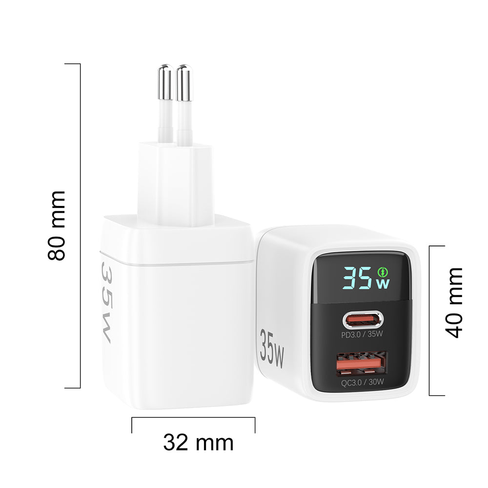 Nettlader Techsuit CH3 LEDChargX Display, 35W, 3A, 1 x USB-A - 1 x USB-C, Svart