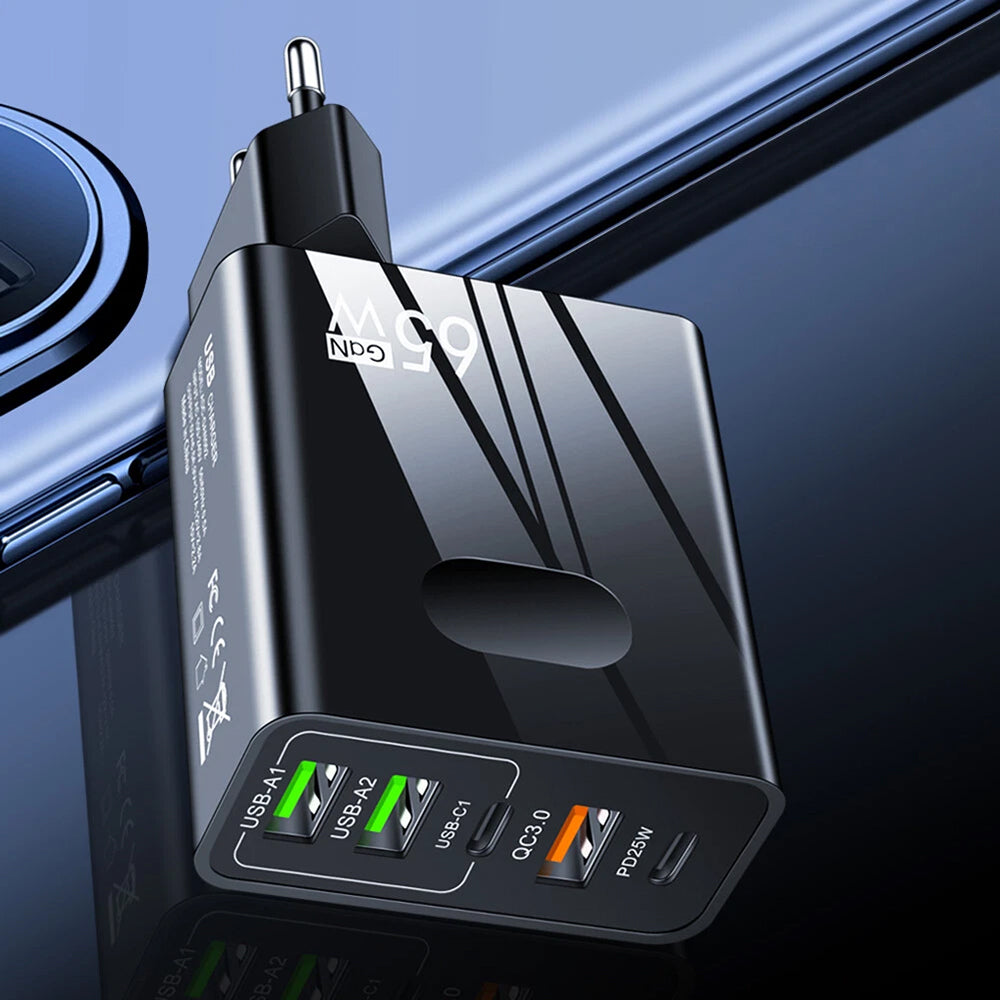 Nettlader Techsuit CHC1 PentaXPower, 25W, 3A, 3 x USB-A - 2 x USB-C, Svart