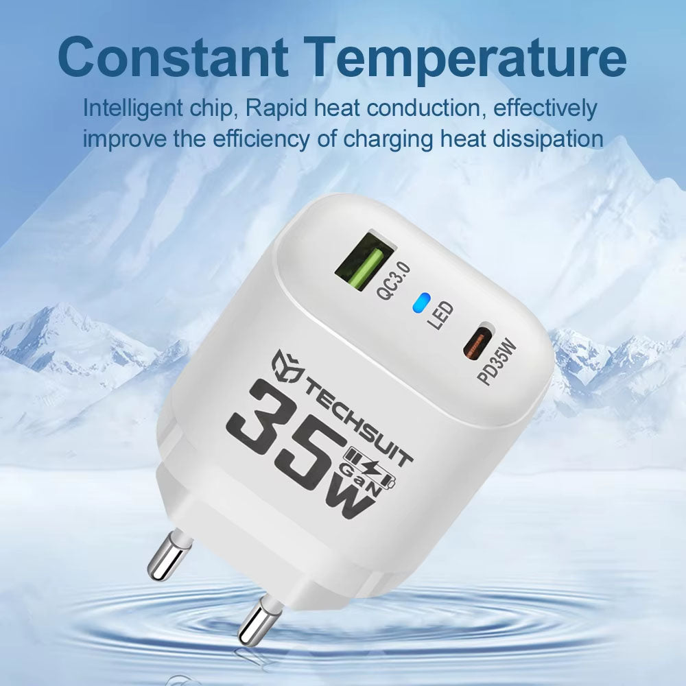 Nettlader Techsuit CHPD174, 35W, 3A, 1 x USB-A - 1 x USB-C, Hvit