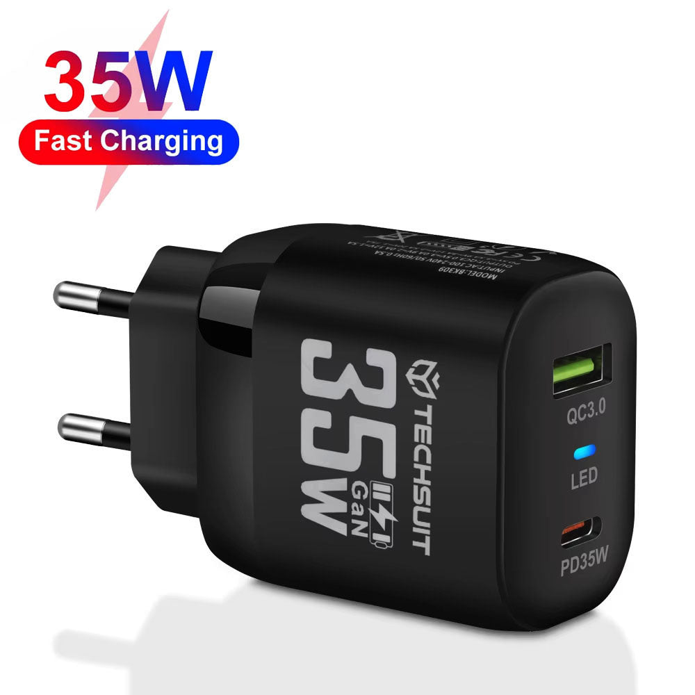 Nettlader Techsuit CHPD174, 35W, 3A, 1 x USB-A - 1 x USB-C, Svart