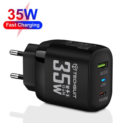Nettlader Techsuit CHPD174, 35W, 3A, 1 x USB-A - 1 x USB-C, Svart