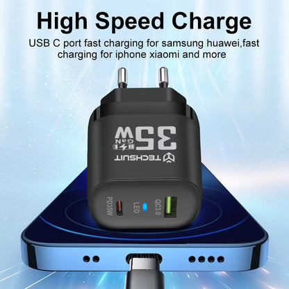 Nettlader Techsuit CHPD174, 35W, 3A, 1 x USB-A - 1 x USB-C, Svart