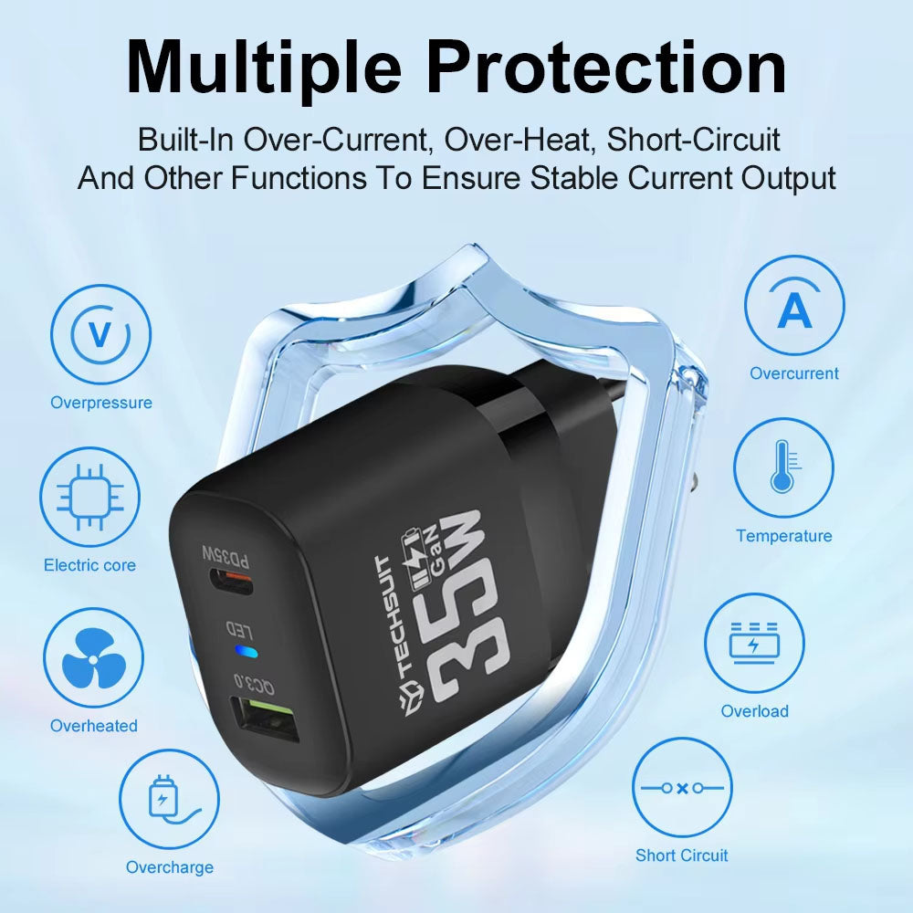 Nettlader Techsuit CHPD174, 35W, 3A, 1 x USB-A - 1 x USB-C, Svart