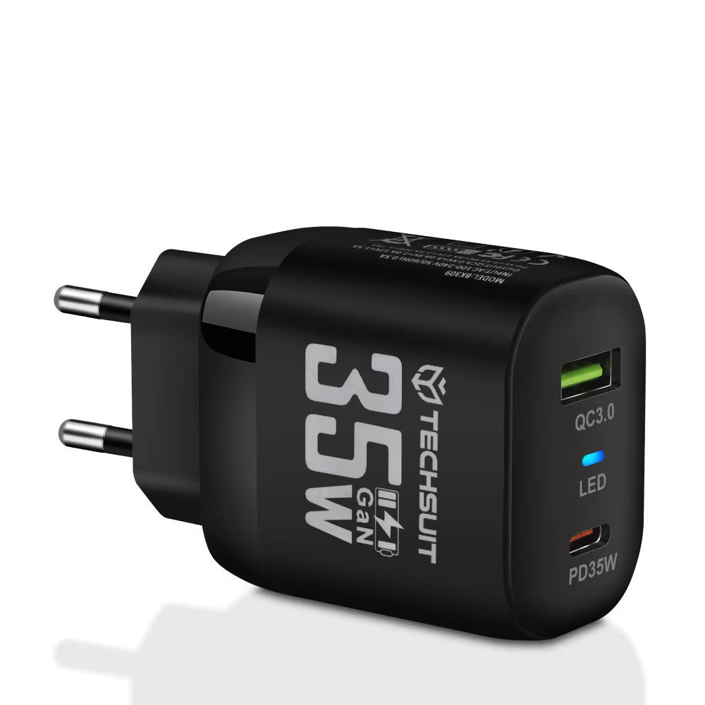 Nettlader Techsuit CHPD174, 35W, 3A, 1 x USB-A - 1 x USB-C, Svart