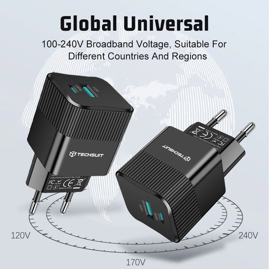Nettlader Techsuit CHPD216 Tiny, 25W, 3A, 1 x USB-A - 1 x USB-C, Hvit