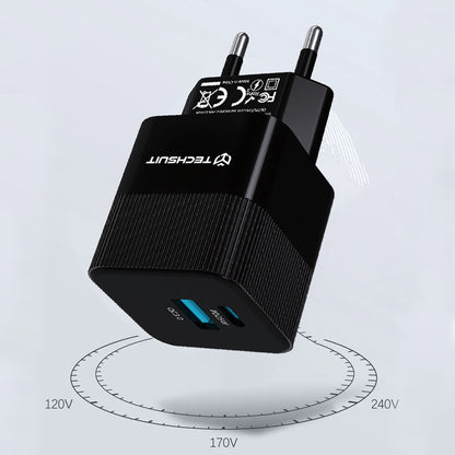 Nettlader Techsuit CHPD216 Tiny, 25W, 3A, 1 x USB-A - 1 x USB-C, Hvit