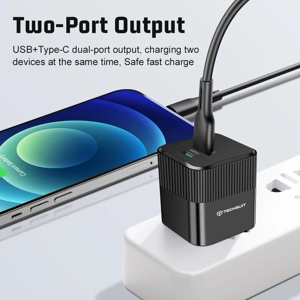 Nettlader Techsuit CHPD216 Tiny, 25W, 3A, 1 x USB-A - 1 x USB-C, Svart