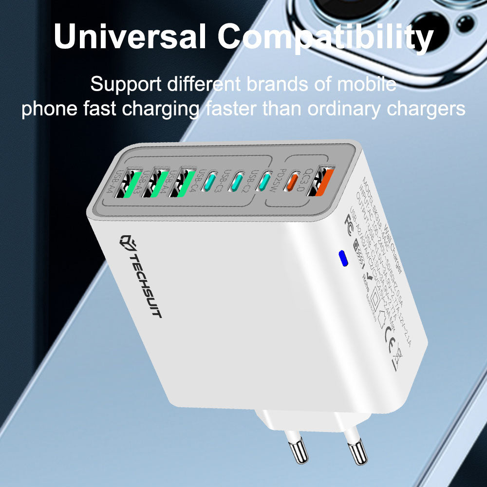 Nettlader Techsuit CHPD224, 65W, 3.25A, 4 x USB-A - 4 x USB-C, Hvit