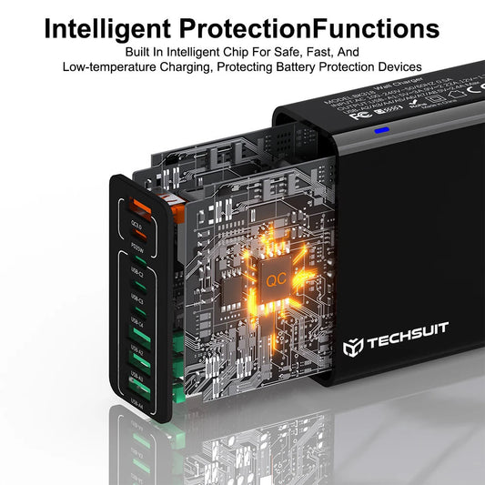 Nettlader Techsuit CHPD224, 65W, 3.25A, 4 x USB-A - 4 x USB-C, Svart
