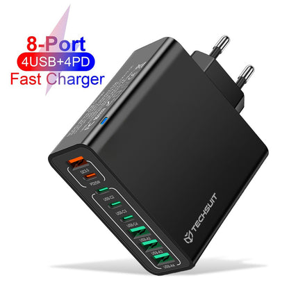 Nettlader Techsuit CHPD224, 65W, 3.25A, 4 x USB-A - 4 x USB-C, Svart
