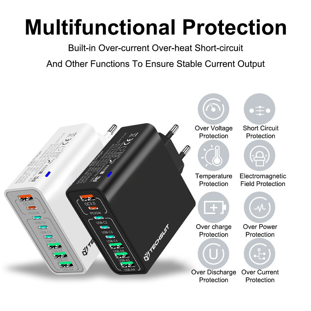 Nettlader Techsuit CHPD224, 65W, 3.25A, 4 x USB-A - 4 x USB-C, Svart