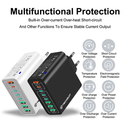 Nettlader Techsuit CHPD224, 65W, 3.25A, 4 x USB-A - 4 x USB-C, Svart
