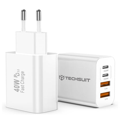 Nettlader Techsuit PowerXQuad CH4, 40W, 3A, 2 x USB-A - 2 x USB-C, Hvit
