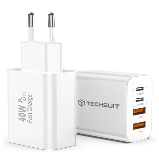 Nettlader Techsuit PowerXQuad CH4, 40W, 3A, 2 x USB-A - 2 x USB-C, Hvit