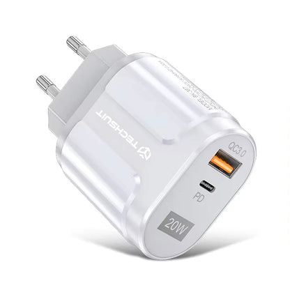 Techsuit Premium Nettverkslader, 20W, 3A, 1 x USB-A - 1 x USB-C, Hvit