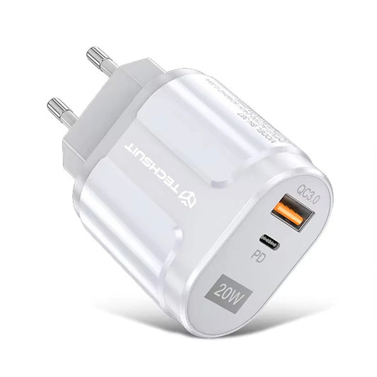 Techsuit Premium Nettverkslader, 20W, 3A, 1 x USB-A - 1 x USB-C, Hvit