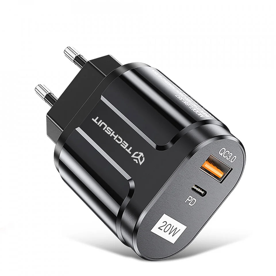 Techsuit Premium nettverkslader, 20W, 3A, 1 x USB-A - 1 x USB-C, Svart CHPD038