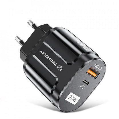 Techsuit Premium nettverkslader, 20W, 3A, 1 x USB-A - 1 x USB-C, Svart CHPD038