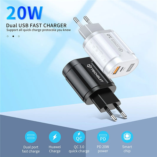 Techsuit Premium Nettverkslader, 20W, 3A, 1 x USB-A - 1 x USB-C, Hvit