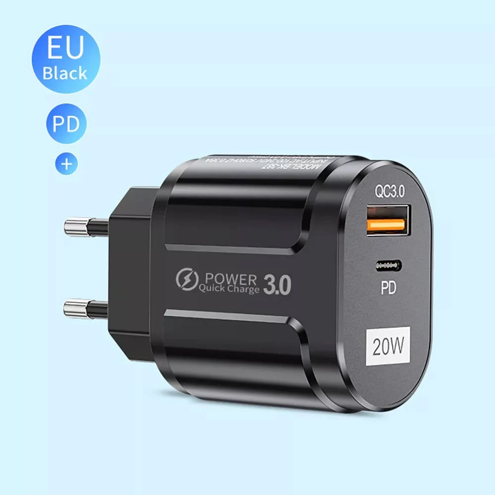 Techsuit Premium nettverkslader, 20W, 3A, 1 x USB-A - 1 x USB-C, Svart CHPD038