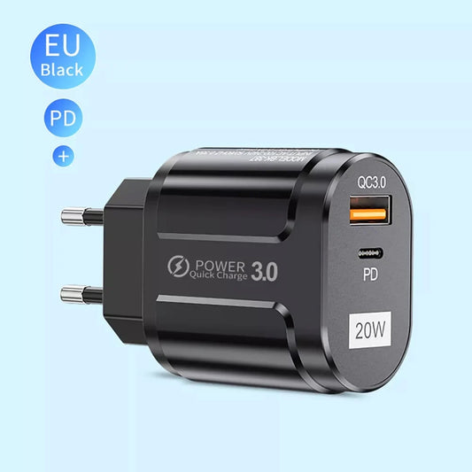 Techsuit Premium nettverkslader, 20W, 3A, 1 x USB-A - 1 x USB-C, Svart CHPD038