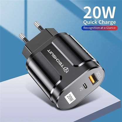 Techsuit Premium nettverkslader, 20W, 3A, 1 x USB-A - 1 x USB-C, Svart CHPD038