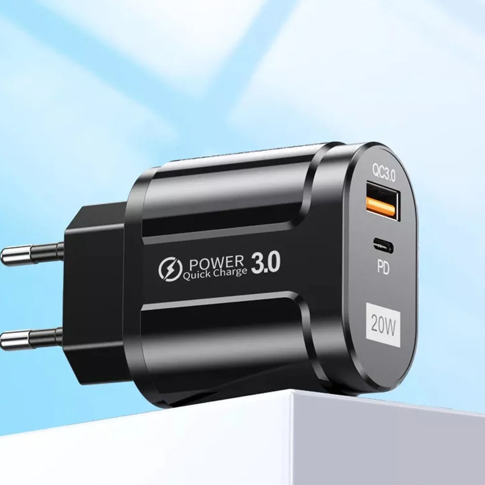 Techsuit Premium nettverkslader, 20W, 3A, 1 x USB-A - 1 x USB-C, Svart CHPD038