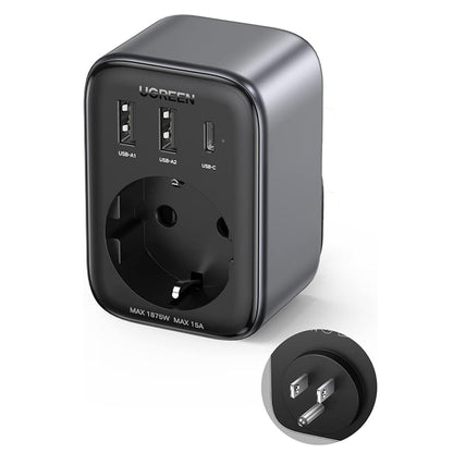 UGREEN 15289 US nettverkslader, 30W, 3A, 2 x USB-A - 1 x USB-C - 1 x Schuko, Svart