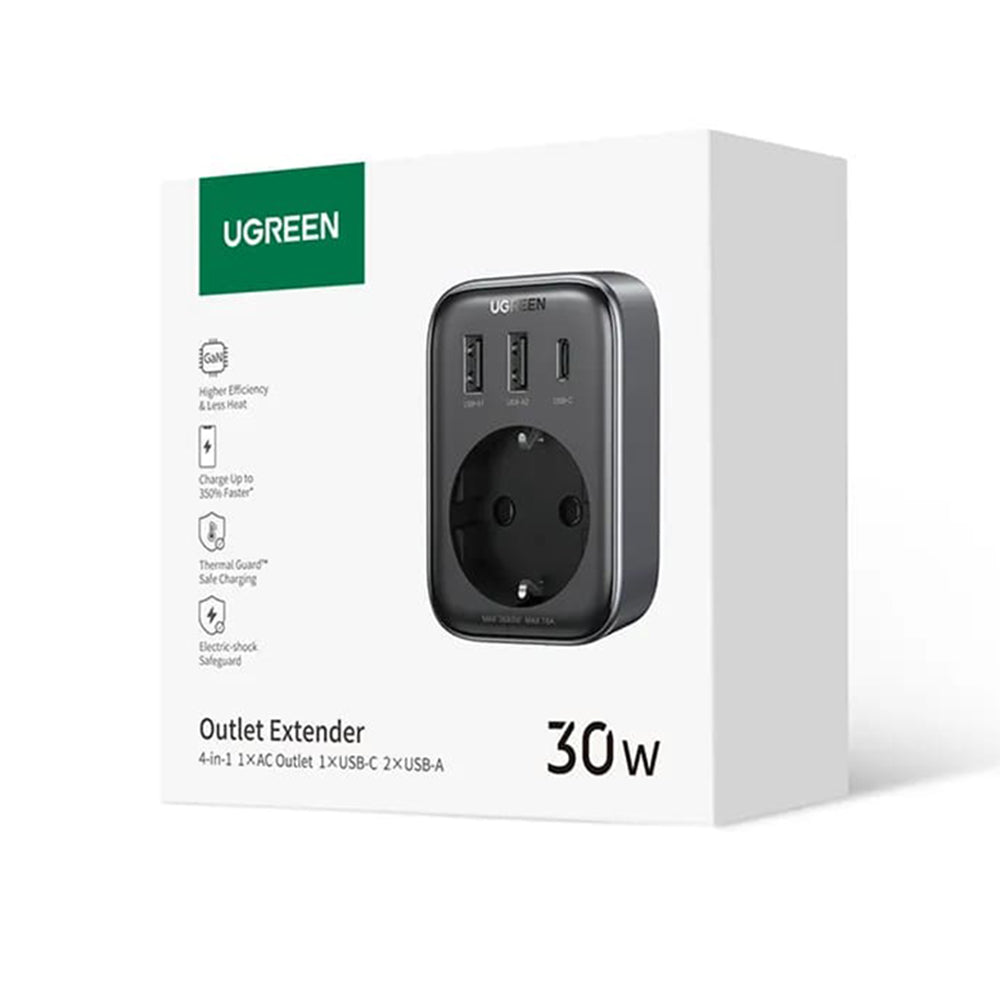 UGREEN 15289 US nettverkslader, 30W, 3A, 2 x USB-A - 1 x USB-C - 1 x Schuko, Svart