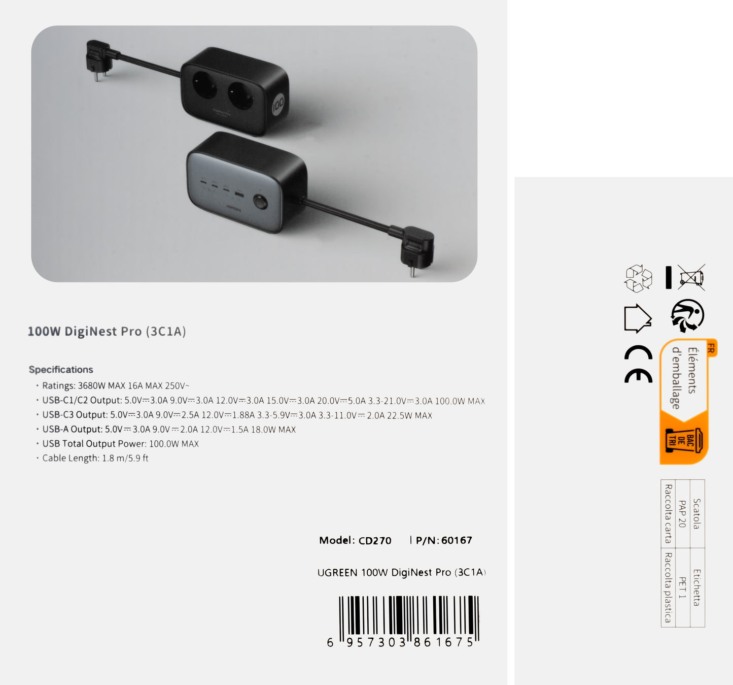 UGREEN CD270 forlengelseskabel, 2 x Schuko, Grå