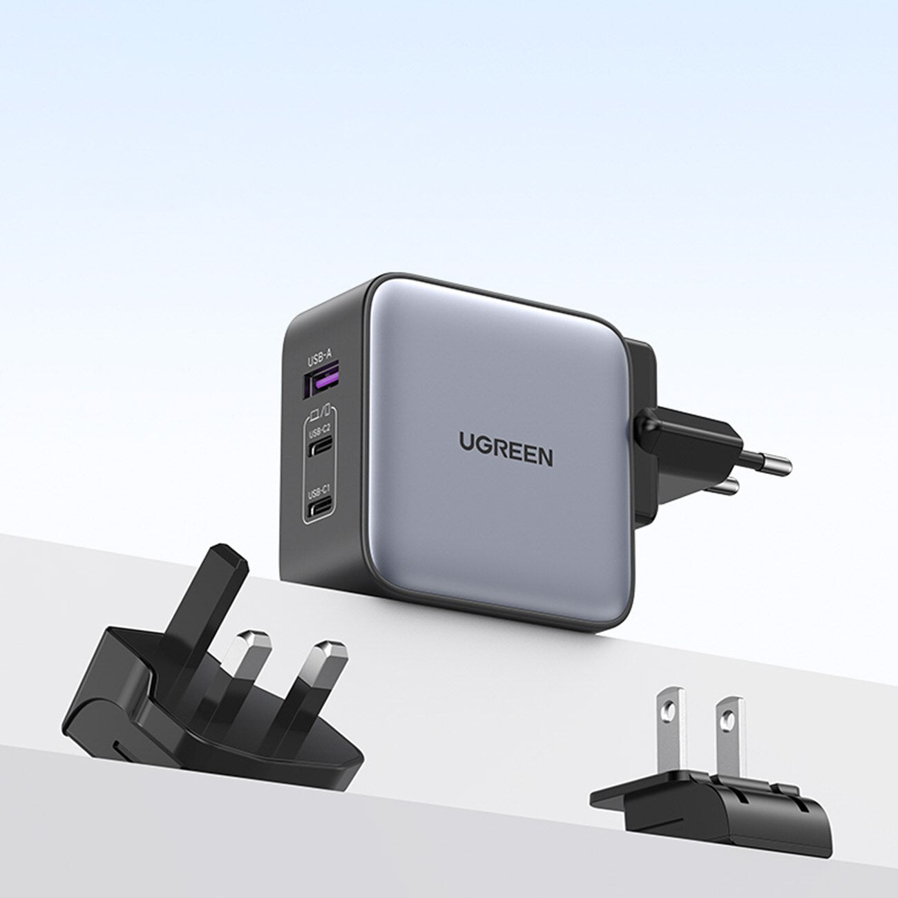 Nettverkslader UGREEN CD296, 65W, 5A, 1 x USB-A - 2 x USB-C, grå 