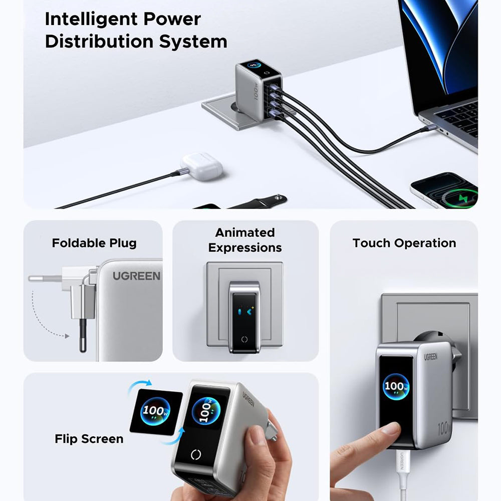 UGREEN Nexode Pro X772 (95942B) nettverkslader med display, 100 W, 5 A, 1 x USB-A – 3 x USB-C, grå