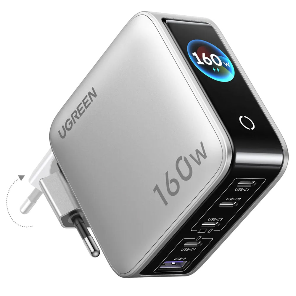 UGREEN Nexode Pro X774 (65637B) nettadapter med display, 160 W, 5 A, 1 x USB-A – 4 x USB-C, grå