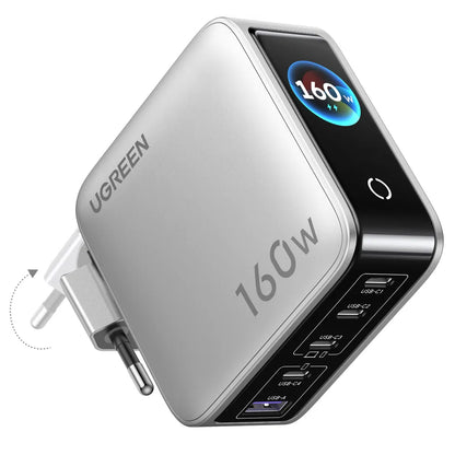 UGREEN Nexode Pro X774 (65637B) nettadapter med display, 160 W, 5 A, 1 x USB-A – 4 x USB-C, grå