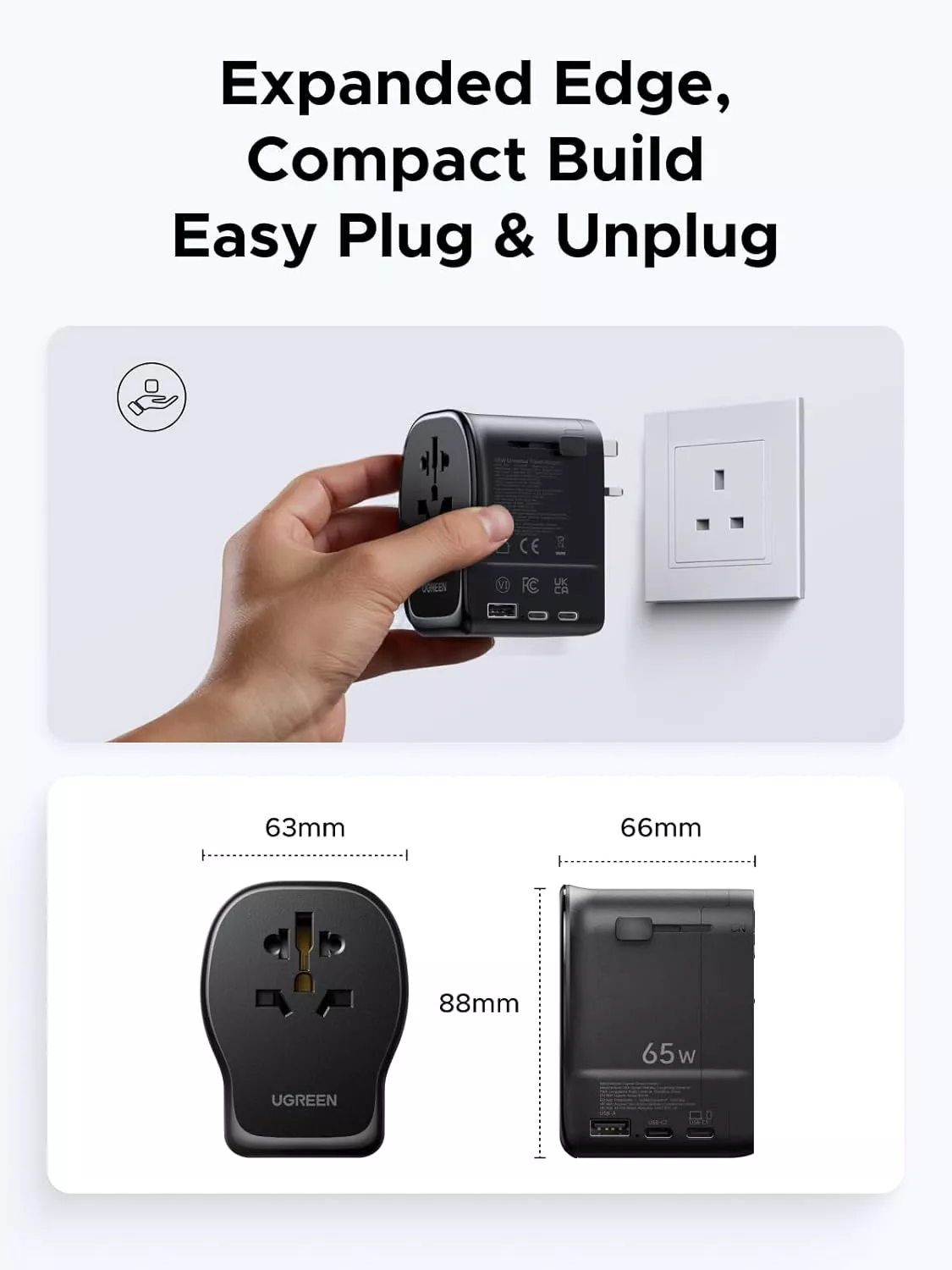 UGREEN Travel S550 nettadapter (55001), 65W, 3,25A, 1 x USB-A - 2 x USB-C, svart